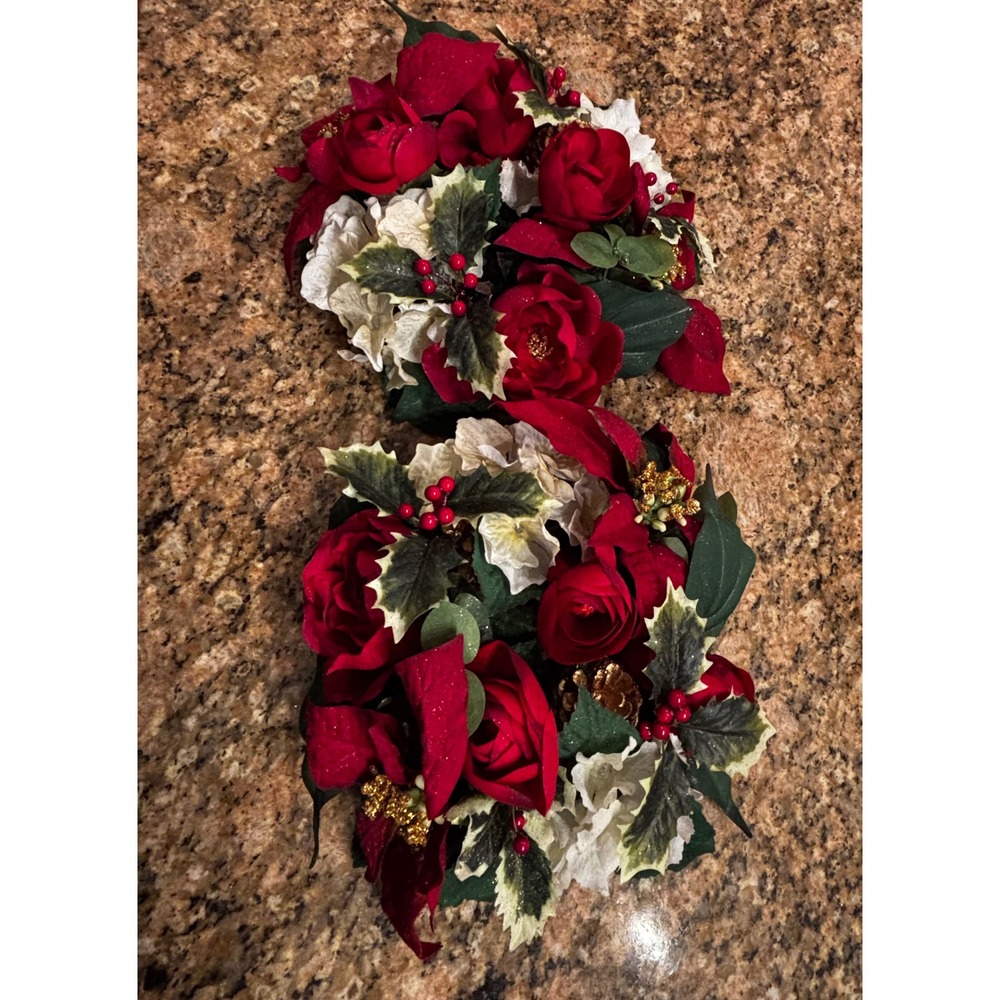 Set of 2 Christmas Candle Rings Red Rose Poinsettia Holly Berry Holiday Decor